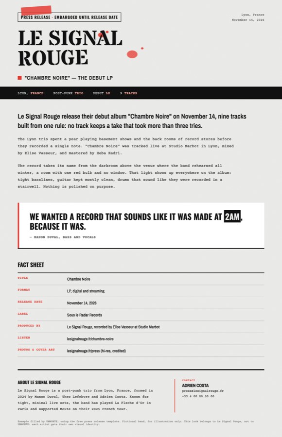 A filled press release example for the fictional band Le Signal Rouge, black and white with a red spray-paint accent and a stencil-style logo